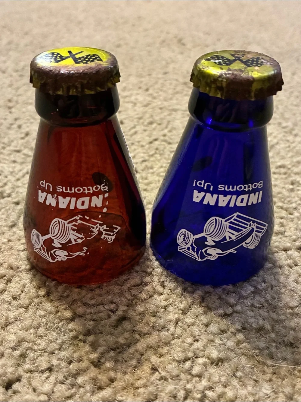 Bottoms Up Bottle Top Shot Glass - Blue & Amber Indianapolis Motor Speedway